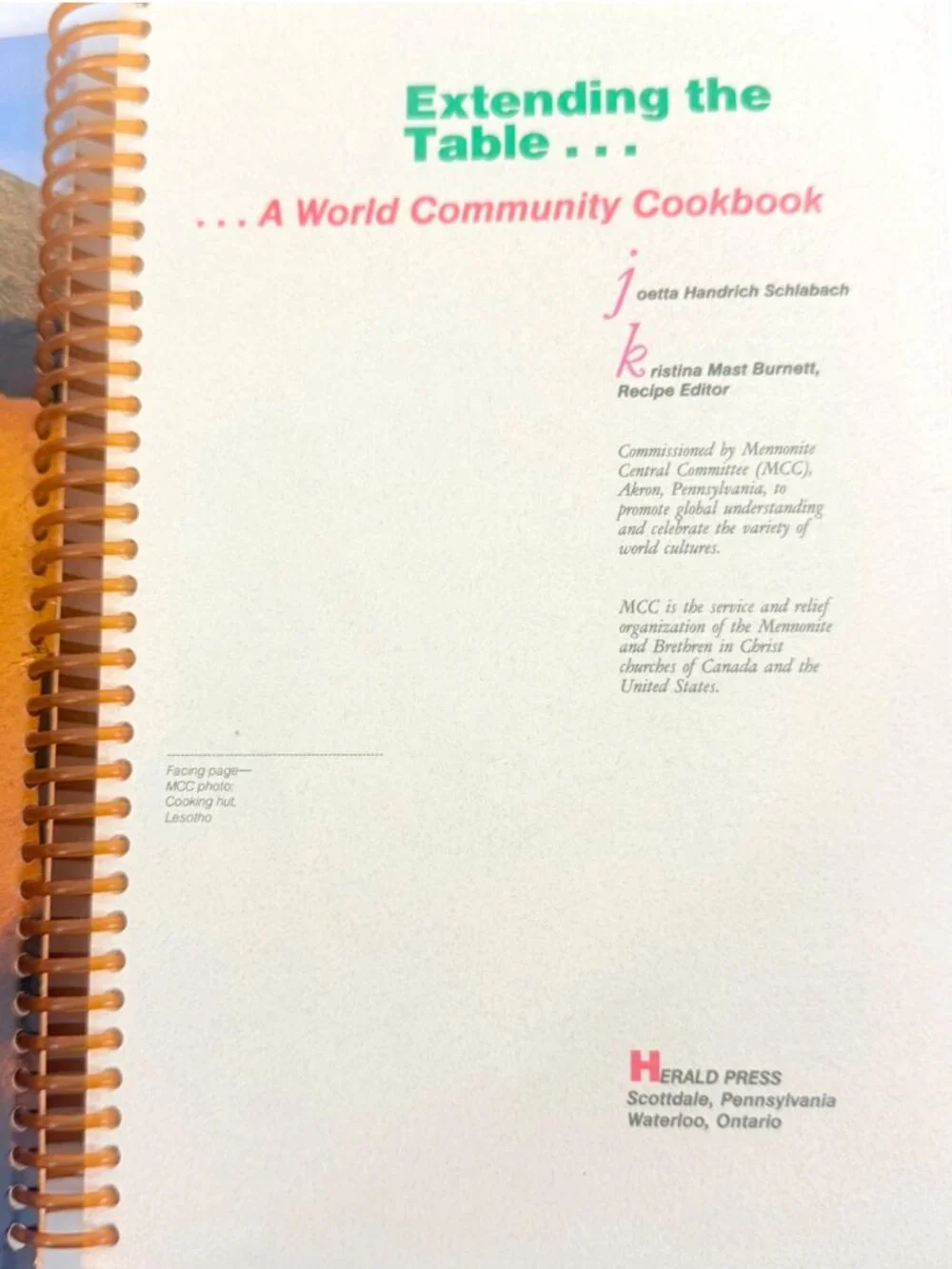 Extending The Table World Community Cookbook Spiral-Bound Recipes & Stories 1991